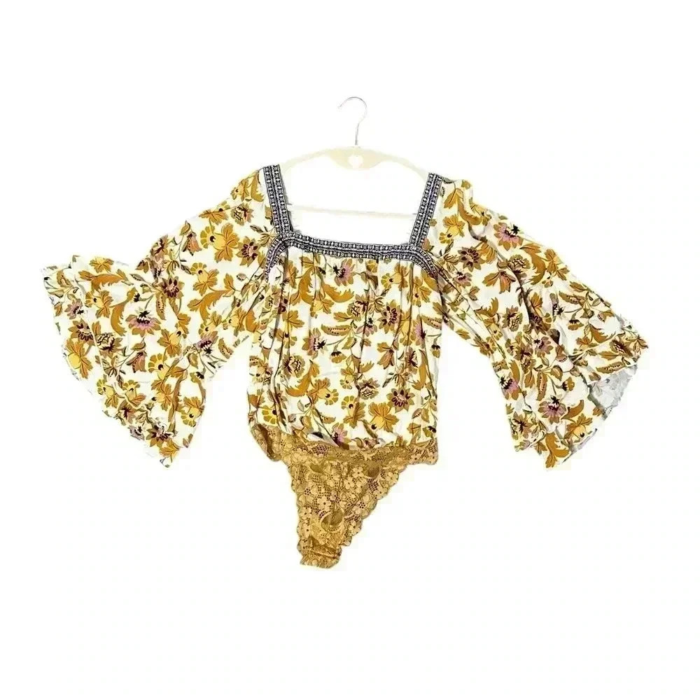 Free People Yellow Square Neck Bell Sleeve Bodysuit